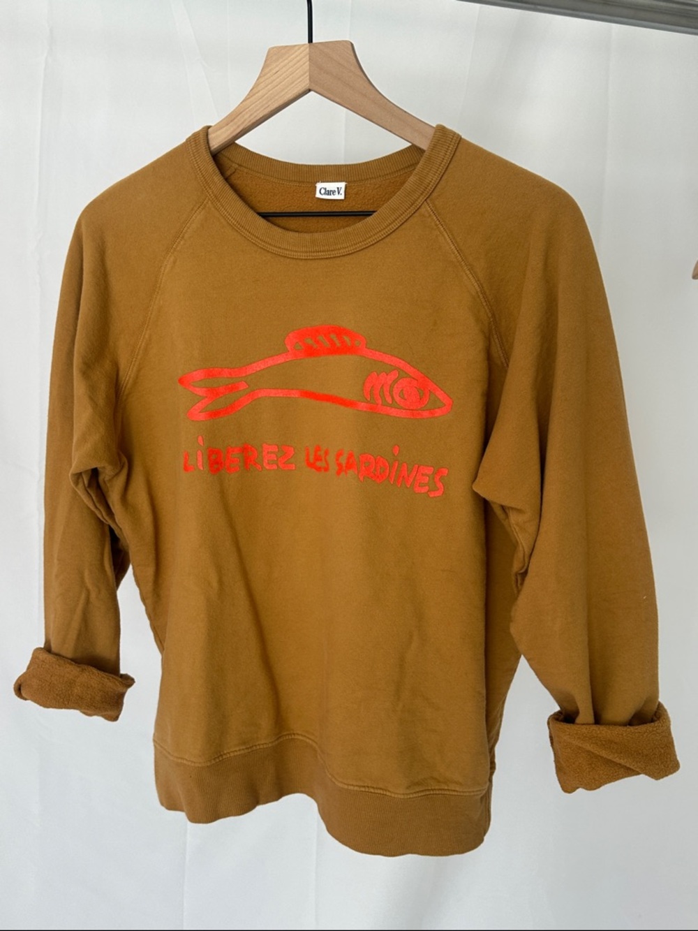 Clare V women’s  Mustard Crewneck Sweatshirt with Sardine graphic